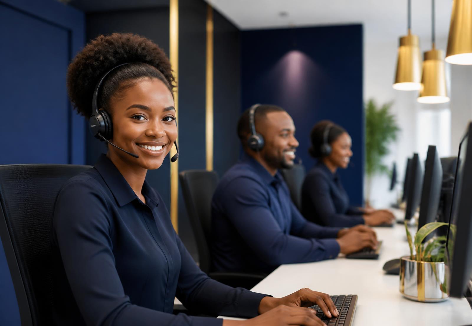 EngageX support agents wearing headsets at their workstations in Lagos